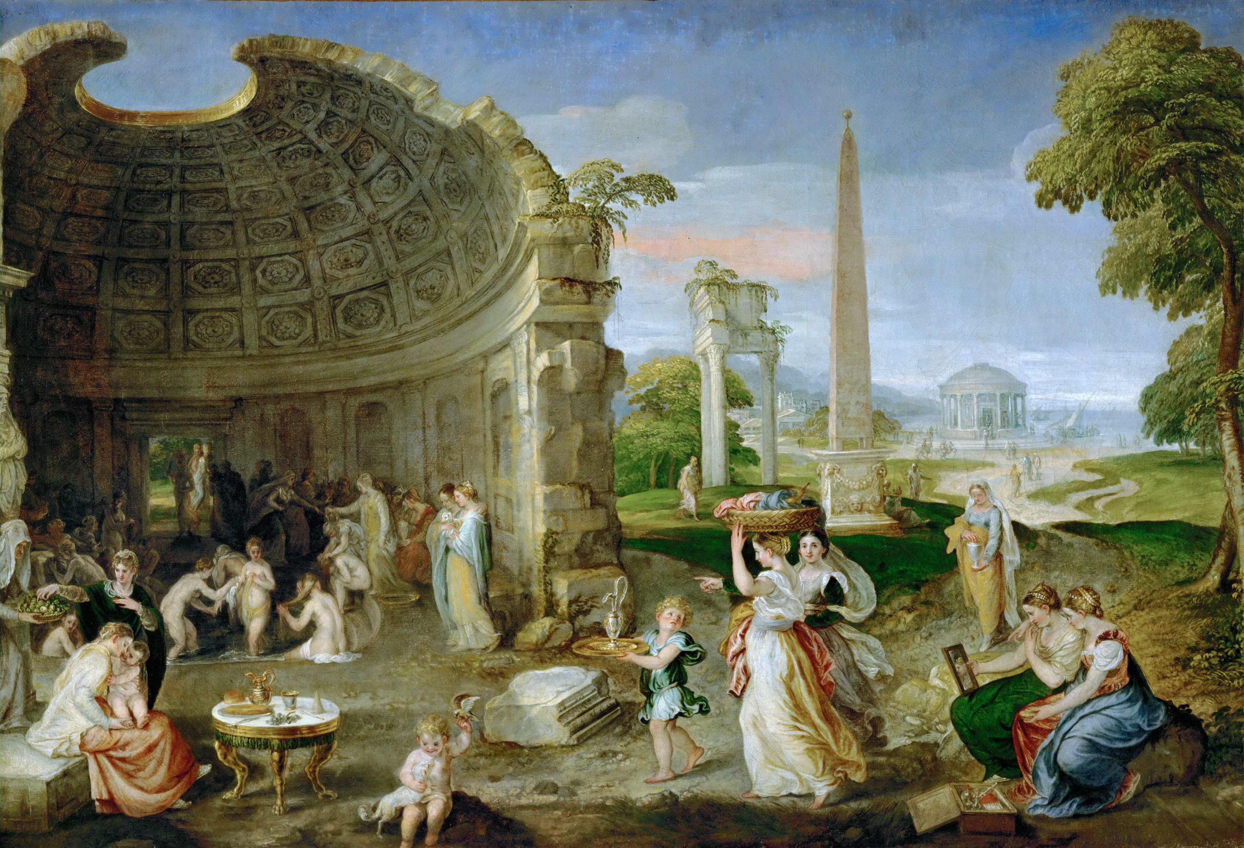 Landscape with antique ruins and bathing women